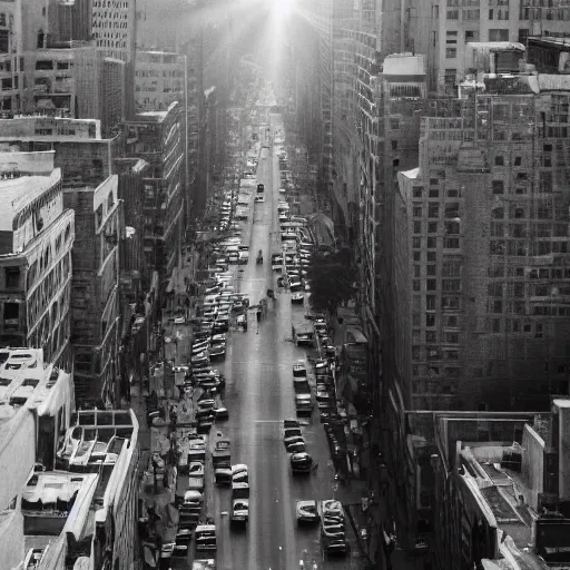 Prompt: A photo of the great pyramids of Egypt looking down Broadway Ave in the middle of NYC, lens flare