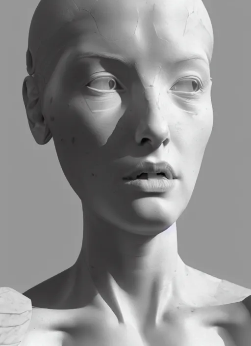 Image similar to a bloody statue made of white marble, of an gorgeous futuristic cybernetic angel girl, prostheses, transhumanism, full body shot, perfect symmetrical body, perfect symmetrical face, hyper realistic, hyper detailed, by quentin tarantino by johannen voss, by michelangelo, octane render, blender, 8 k