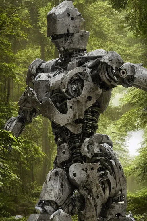 Image similar to A large robot statue made of stone covered in foliage in the middle of a forest by Greg Rutkowski, Sung Choi, Mitchell Mohrhauser, Maciej Kuciara, Johnson Ting, Maxim Verehin, Peter Konig, final fantasy , 8k photorealistic, cinematic lighting, HD, high details, atmospheric,