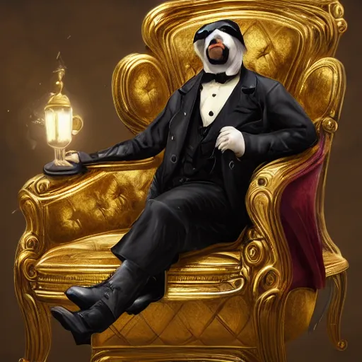 Image similar to oil painting of grumpy rich steampunk penguin sitting on fancy chair, wearing top hat, holding gold, steampunk factory background, sharp focus, fantasy style, octane render, volumetric lighting, 8k high definition, by greg rutkowski, highly detailed, trending on art Station, magic the gathering artwork, centered