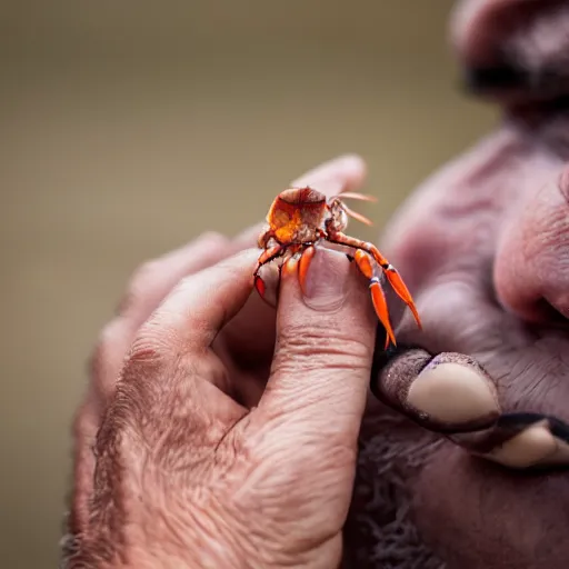 Prompt: crab biting the finger of an old man, canon eos r 3, f / 1. 4, iso 2 0 0, 1 / 1 6 0 s, 8 k, raw, unedited, symmetrical balance, wide angle