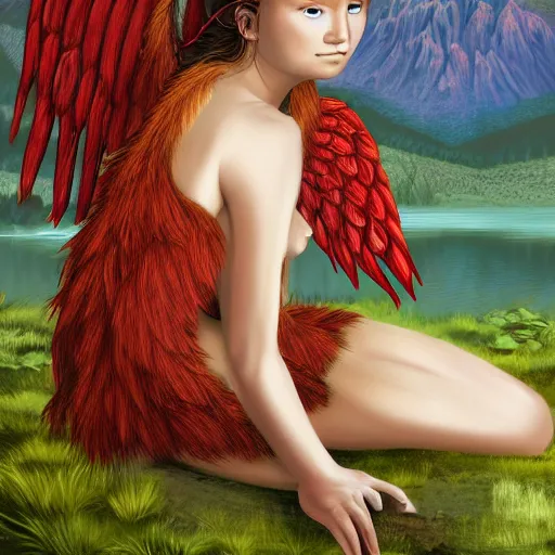 Prompt: prompt Young Harpy-Girl, red feathered wings for arms, humanoid woman, inka clothes, mythological harpy, sad expression, sitting at a pond, mountainous area, trees in the background, digital art