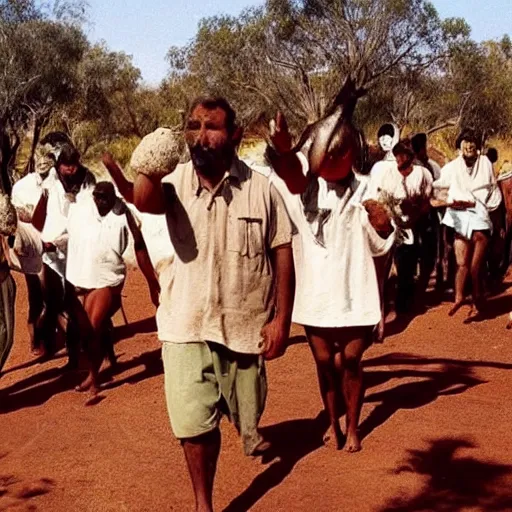 Prompt: secret photos of a cult in central australia. everyone must not wear pants, only tops, all their hair is shaved off but bears are aloud. you must carry a vegetable at all times. very creepy photos of this strange cult in the year 1 9 9 7