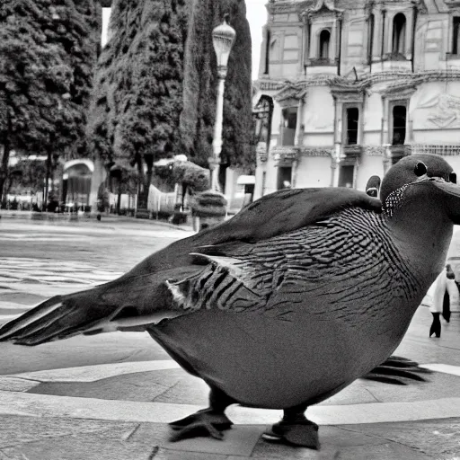 Image similar to a mexican pigeon being complacent with a french platypus spy, in the middle of pissa square italy, sepia anime style