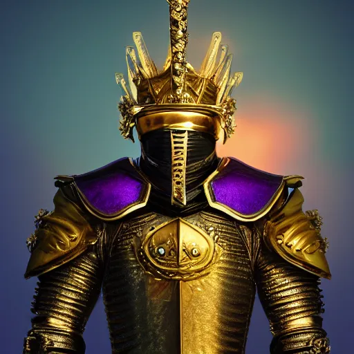 Image similar to a highly detailed knight with glowing purple eyes in a golden helmet and a golden crown with a diamond in the center, golden armor, leather clothes under the armor, leather gloves, holds a black sword, artstation, DeviantArt, professional, octane render, sunset lighting