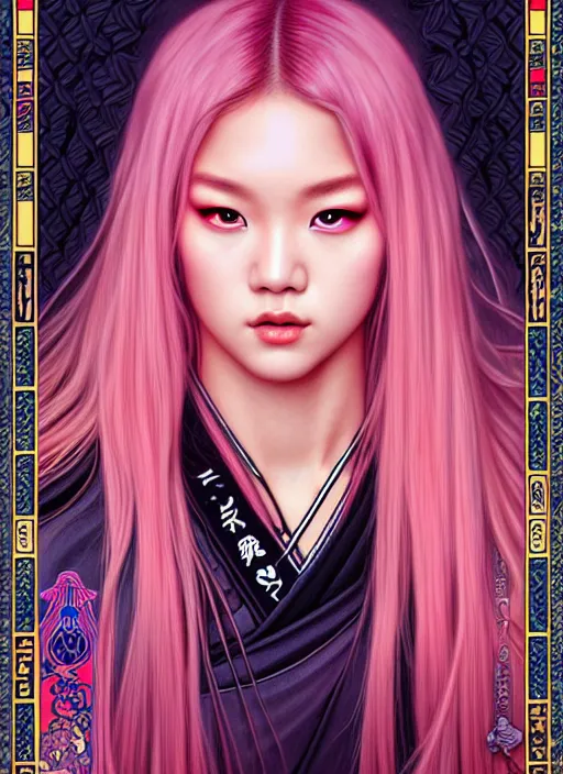 Image similar to jossi of blackpink, samurai, tarot card, highly detailed, digital painting, smooth, sharp focus, illustration, ultra realistic, 8 k, art by artgerm and alphonse mucha