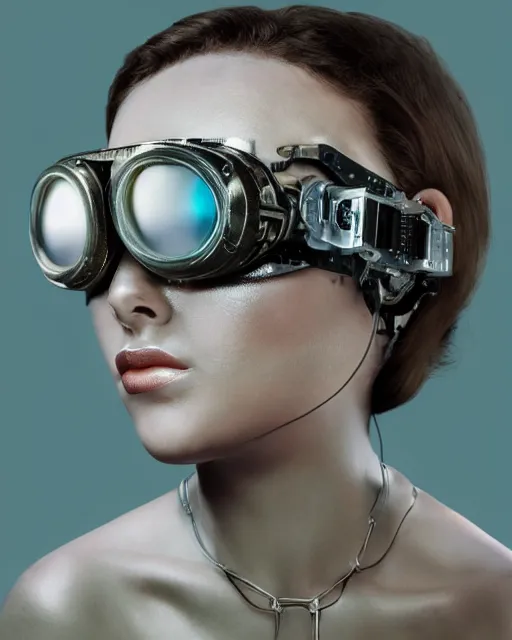 Image similar to centered portrait of soulful young elizabeth taylor as a solarpunk mecha humanoid robotic parts wearing crystal goggles with bright led lights, real human face, pudica gesture bouguereau style, in white room, ultra - realistic and intricate, soft portrait shot 8 k