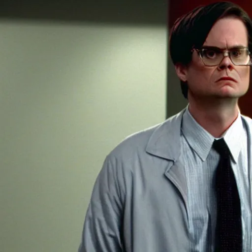 Image similar to dwight schrute as the american psycho, sweating profusely, cinematic still