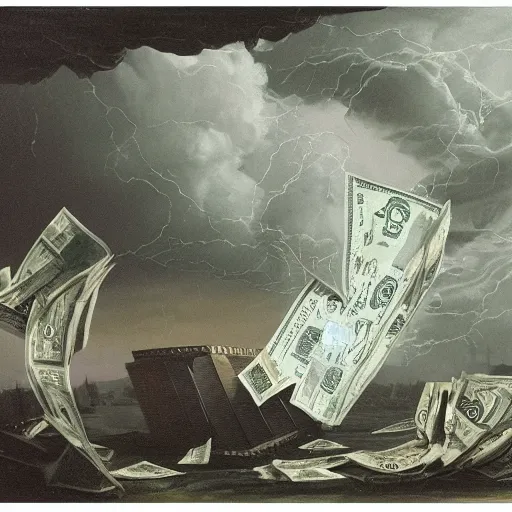 Image similar to dollar bills swirling in a tornado, dollar bills in the wind, raining dollar bills from the clouds in the background by Ansel Adams and Bernardo Bellotto, oil on canvas, artstation, dramatic scenery, masterpiece, aesthetic