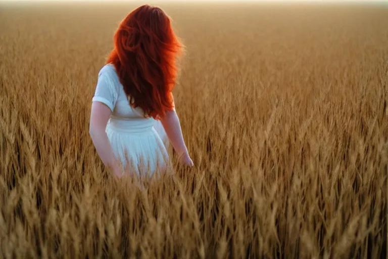 Image similar to sensual redhead girl running through the wheat field, soft light, 35mm film