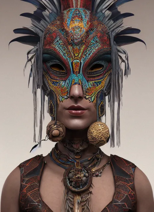 Prompt: a Photorealistic dramatic hyperrealistic render of a beautiful woman wearing a beautiful detailed Aztec Insect shaman mask and costume by WLOP,Artgerm,Greg Rutkowski,Alphonse Mucha, Beautiful dynamic dramatic dark moody lighting,shadows,cinematic atmosphere,Artstation,concept design art,Octane render,8K