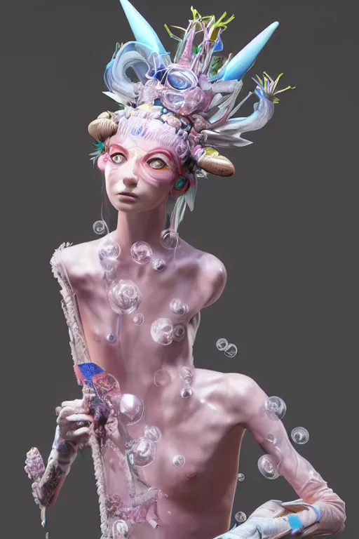 Image similar to an epic non - binary model, subject made of polished porcelain, mesh headdress, sensors all over, flowing dress, with cerulean and pastel pink bubbles bursting out, delicate, beautiful, intricate, melting into jolteon, houdini sidefx, by jeremy mann and ilya kuvshinov, jamie hewlett and ayami kojima, bold 3 d