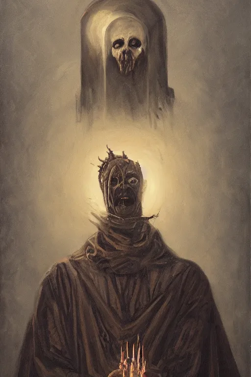 Image similar to portrait of an ominous mysterious horrific omniscient religious figure performing a dark ritual, oil on canvas, romanticism style, ornate, elegant, highly detailed, surrealism, concept art, trending on artstation