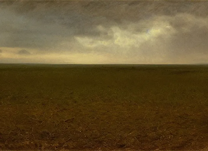 Image similar to a vast muddy field with many corpses buried underneath it, albert bierstadt, landscape, dark and scary