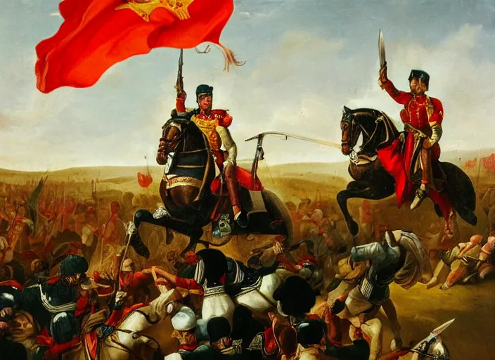 Image similar to a high detail oil painting equestrian image of judge baltasar garzon leading spain and the troops to victory over the moors, raising the spanish flag with his right hand and a sword in his left