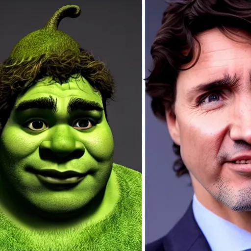 Image similar to justin trudeau cosplaying as shrek, 7 2 0 p, realistic, controversial photo