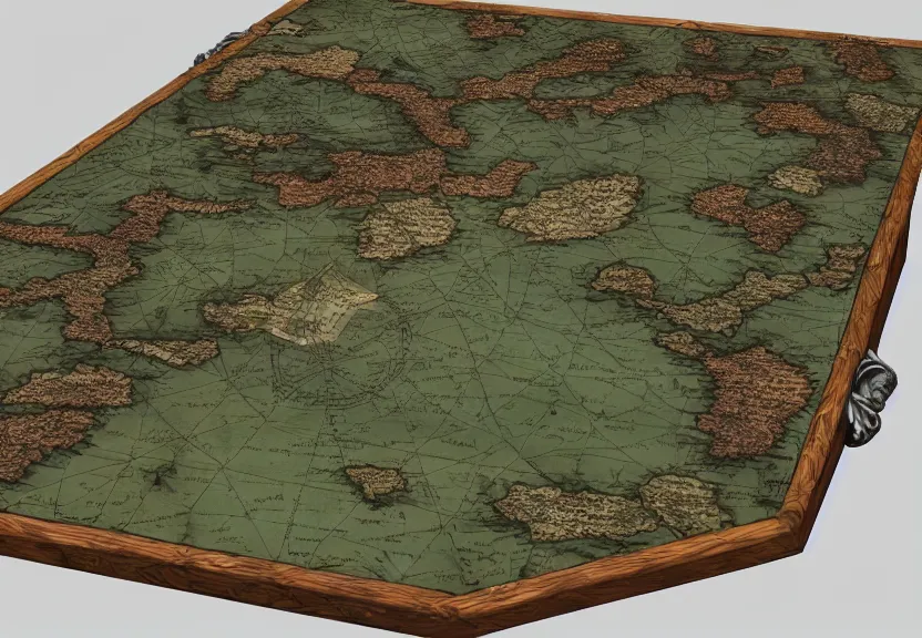 Image similar to “ king’s medieval war tactic table with a map on it, unfinished borders, 4k, 3D, view from the side”