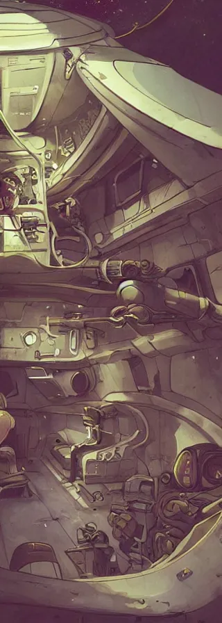 Prompt: space smugglers hiding cargo in their old rusting space ship illustrated by greg tocchini