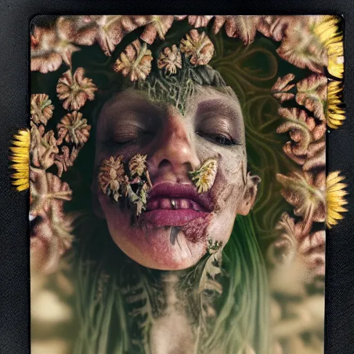 Image similar to a beautiful detailed front view portrait of a rotten woman corpse with fractal plants and fractal flowers growing around, volumetric light, beautiful lit, polaroid photography