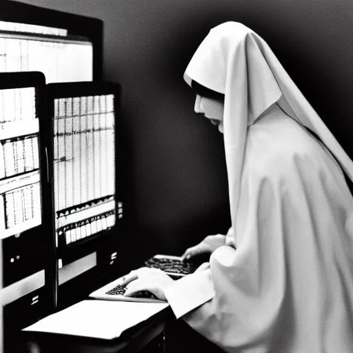 Image similar to award - winning photograph of a nun hunched over a computer while she hacks into the mainframe