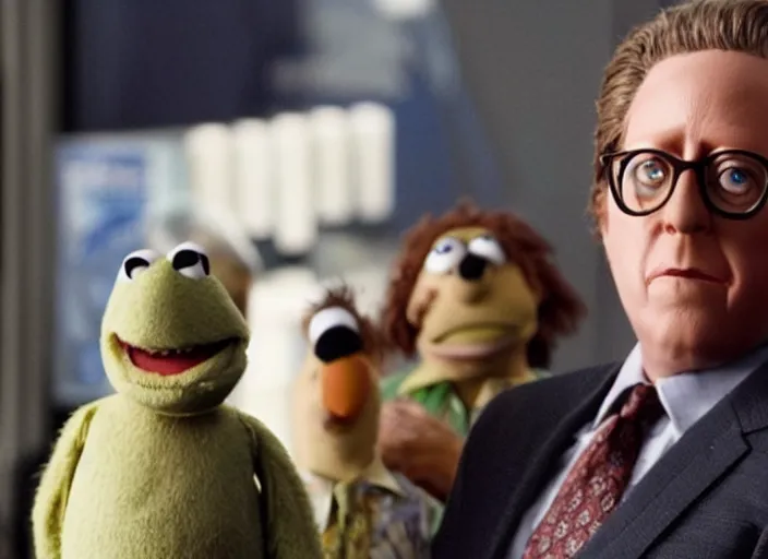 Image similar to film still of Robert California as a muppet from The Office, 4k