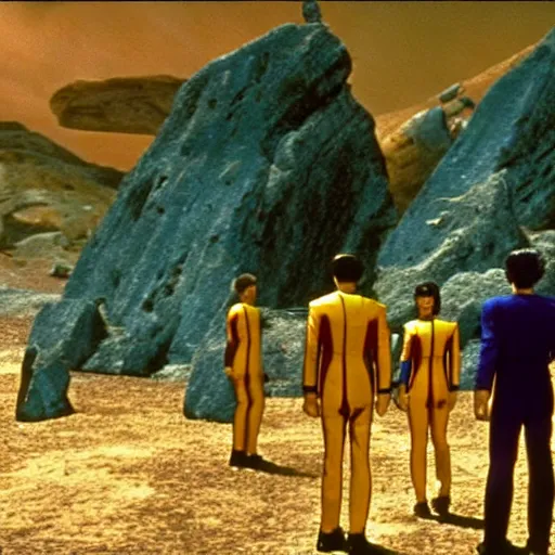 Image similar to a still from star trek showing a group of characters in red, blue, gold star trek uniforms in the far distance on an alien planet.