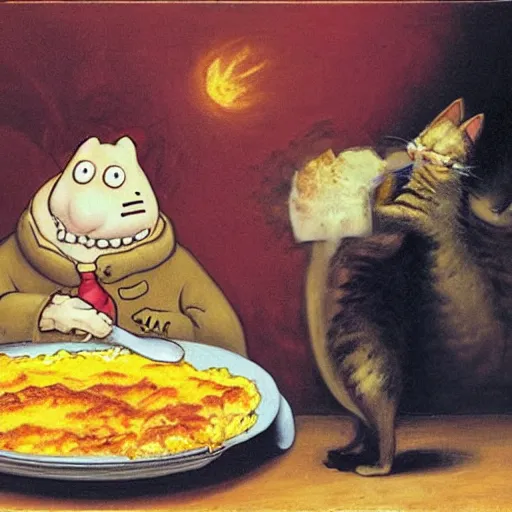 Image similar to garfield the cat devouring a steaming hot lasagna while dilbert looks on in horror, oil painting by francisco goya