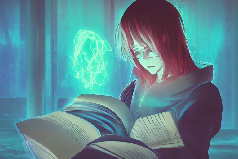 Image similar to an anime wizard reading a book, misty, glows, digital art, hazy, foggy, ambient lighting, 8 k, neon, synthwave,