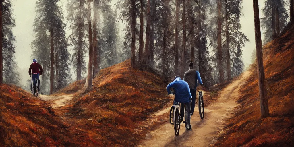 Image similar to Exactly two men biking alone up a steep forest hill. One with a deep dark blue sweater and the other with a wine red sweater. sweaty. Oil painting. Emotional. Trending on artstation. Steep. Nordic Trees. Rustic. Artistic.