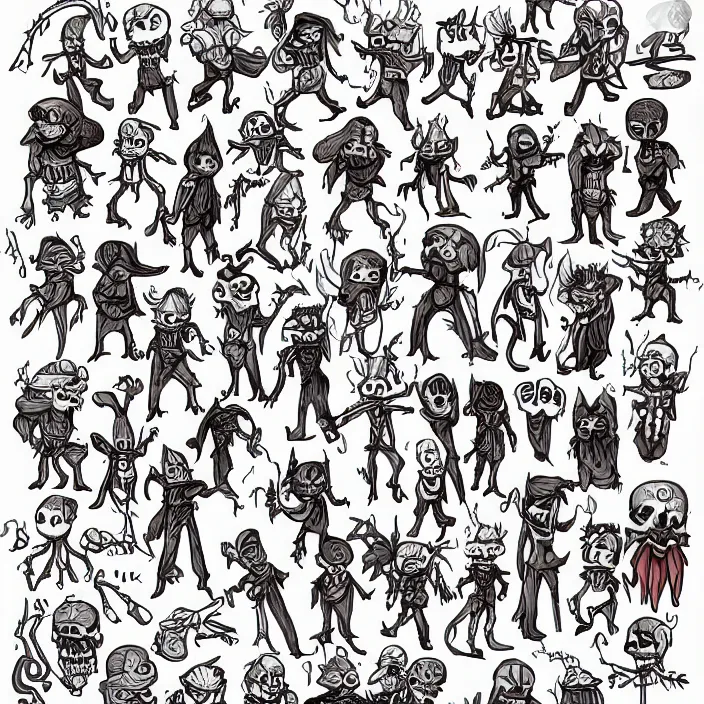 Prompt: spritesheet containing a chibi wizard and skeleton enemies of different magic types, colored lineart