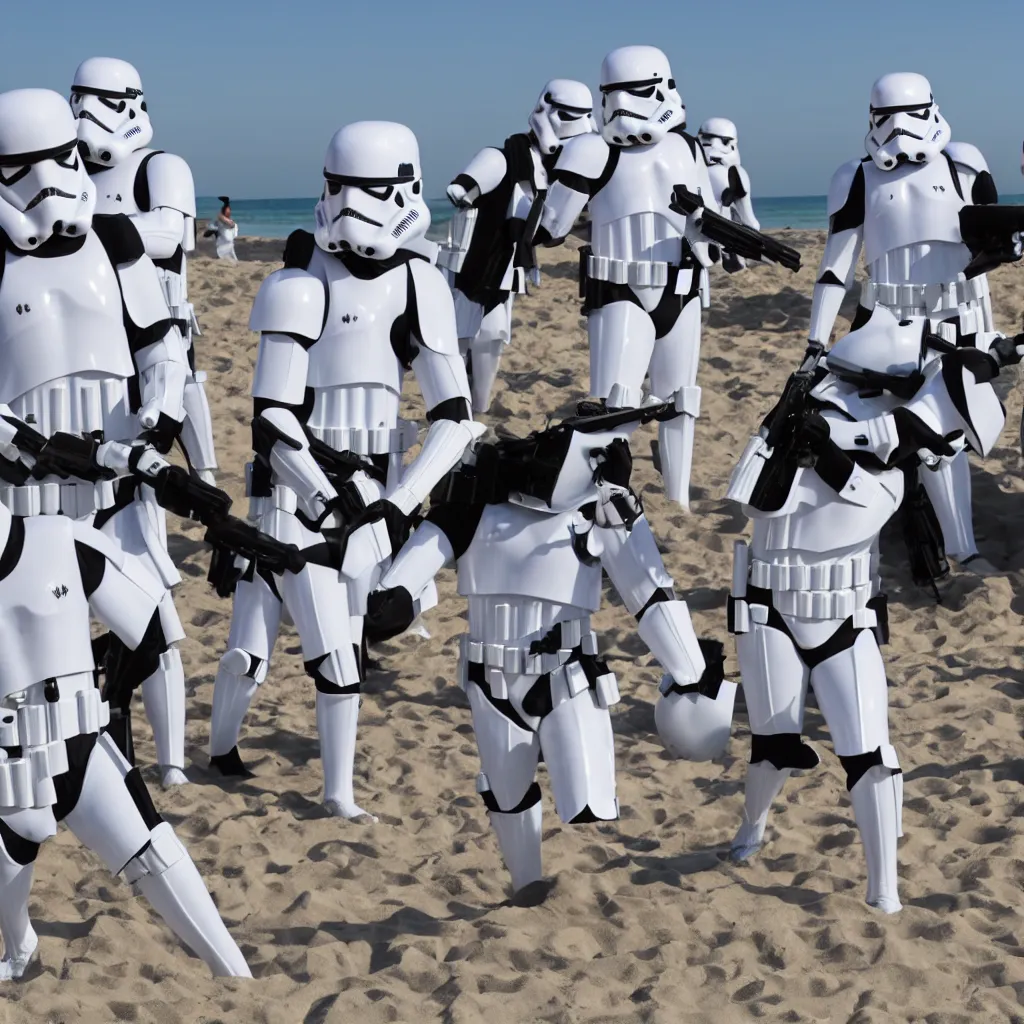 Prompt: a group of imperial stormtroopers playing beach volleyball