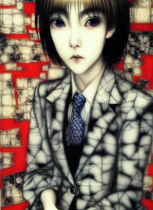 Image similar to yoshitaka amano blurred and dreamy realistic three quarter angle portrait of a young woman with short hair and black eyes wearing office suit with tie, junji ito abstract patterns in the background, satoshi kon anime, noisy film grain effect, highly detailed, renaissance oil painting, weird portrait angle, blurred lost edges