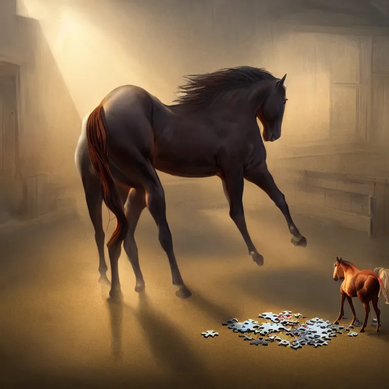 Image similar to A horse attempting to solve a jigsaw puzzle, looking confused, cinematic lighting, evening light, stables, digital painting, volumetric light, concept art, trending on artstation