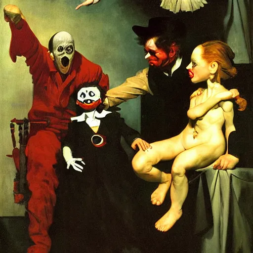 Prompt: a scary ventriloquist dummy by, Eugène Delacroix and Francis Bacon and Micheal Whelan and Michelangelo Merisi da Caravaggio and Franz Xaver Winterhalter