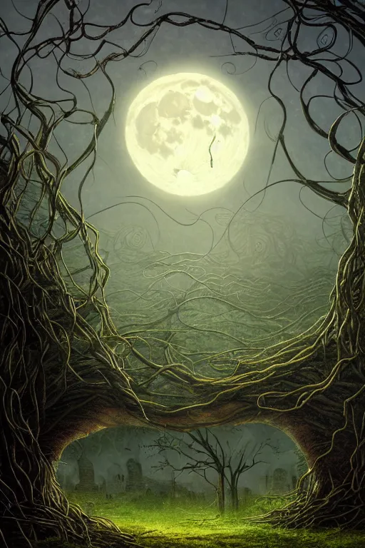 Image similar to a beautiful digital illustration painting of a detailed gothic fantasy full moon and roots, throne chair and vines, dramatic cinematic sky colors by benoit b. mandelbrot, steven belledin, martin johnson heade, lee madgwick, caspar david friedrich, and david rios ferreira. 8 k resolution trending on artstation concept art digital illustration