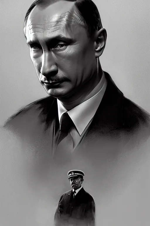 Image similar to vladimir putin playing hitler in a movie, realistic portrait, symmetrical, highly detailed, digital painting, artstation, concept art, smooth, sharp focus, illustration, cinematic lighting, art by artgerm and greg rutkowski and alphonse mucha