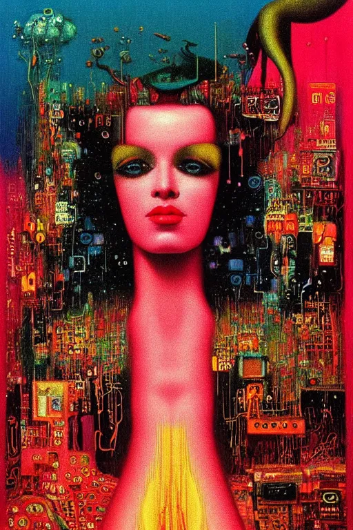 Image similar to 8 0 s art deco close up portait of miss of the world, rain like a dream oil painting curvalinear clothing cinematic dramatic cyberpunk textural fluid lines otherworldly vaporwave interesting details fantasy lut epic composition by basquiat zdzisław beksinski james jean artgerm rutkowski moebius francis bacon gustav klimt