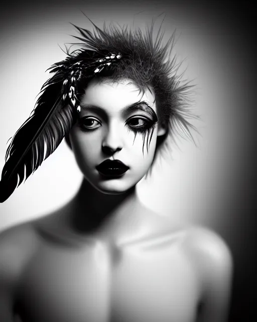 Prompt: surreal mythical dreamy dark artistic black and white fine art photo of a young delicate female - orchid - bird - cyborg bust with feather hair, rim light, cinematic, studio dramatic light, poetic, octane render, 8 k, photo - realistic