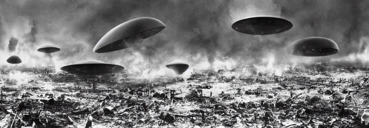 Image similar to Invasion of an alien life form in Germany, black and white photography, World War II, destruction, ufo, flying saucers, laser weapons, outerspace, technology