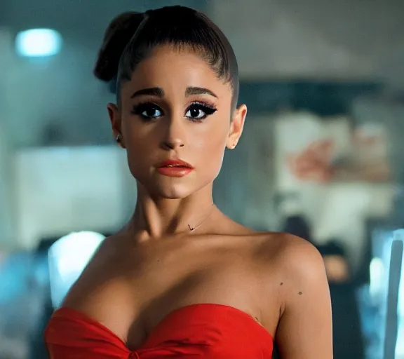 Prompt: a movie still of ariana grande as elvira in the movie scarface 2 0 4 9