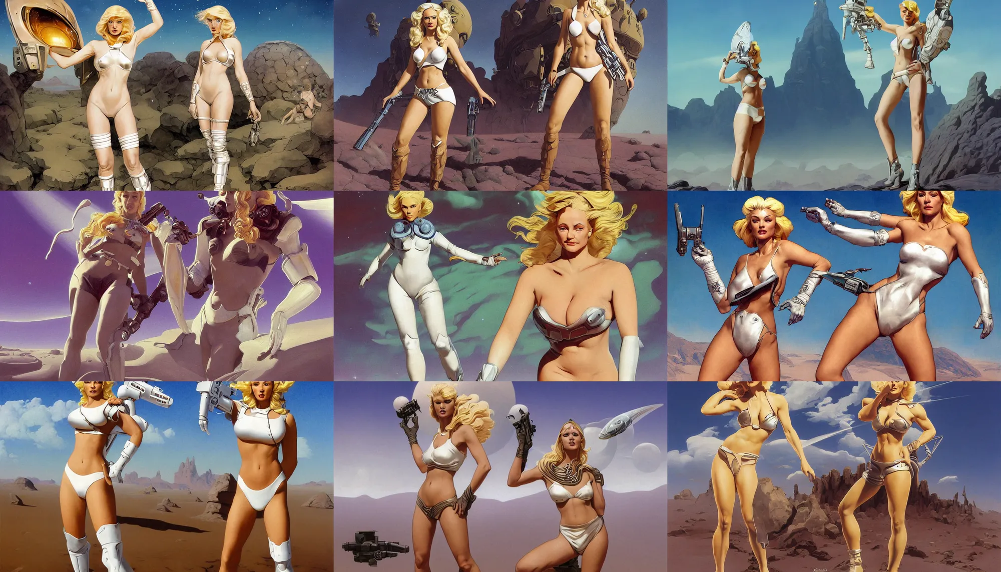 Prompt: A mixed media portrait painting of a beautiful blonde woman posing on a desert alien planet, soldier, curvy, white atomic-space-age style bikini-armor and boots, aesthetic symmetrical face and eyes, slavic, by Boris Vallejo, Beeple, Frank Frazetta, Greg Rutkowski, Christian MacNevin, Alphonse Mucha, epic fantasy character art, high fantasy, CGsociety, 60's Sci-fi Pinup style, exquisite detail, post-processing, masterpiece, cinematic