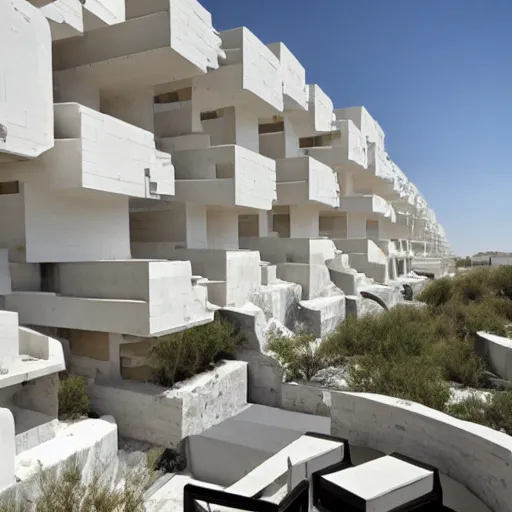 Image similar to habitat 6 7, white lego architect hotel in the dessert, many plants and infinite pool