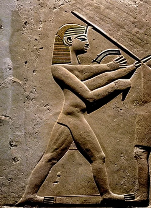 Image similar to ancient egyptian relief of a man shooting a bolt action rifle