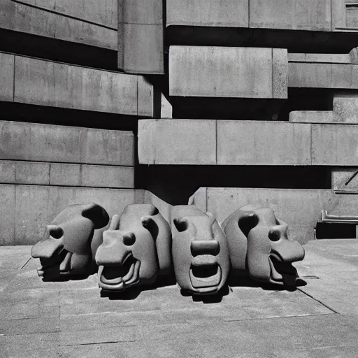 Image similar to hungry hungry hippos, brutalism