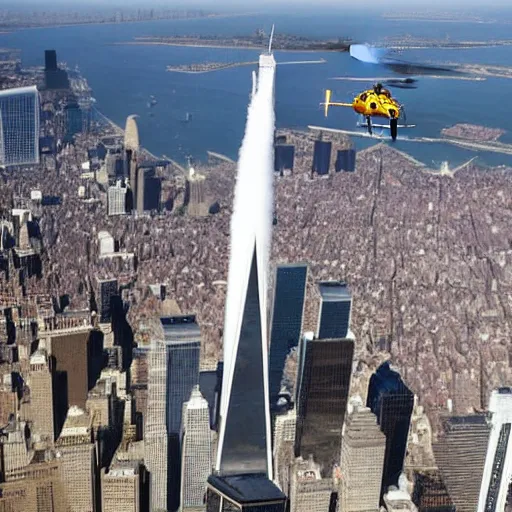 Prompt: Donald Trump Flying A helicopter over the world trade center