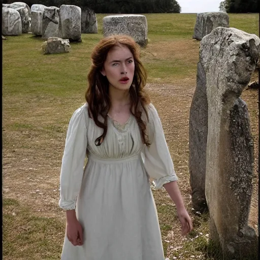 Prompt: girl in a cotton dress. tess of the d'urbervilles. pastoral. folk. stonehenge