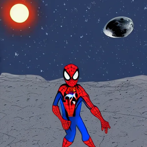 Image similar to spiderman walking on the moon