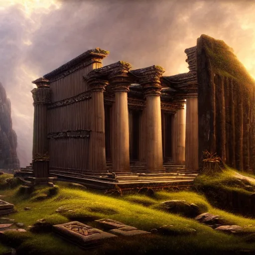 Prompt: a beautiful and highly detailed matte painting of a celtic temple, epic scale, insanely complex, hyperdetailed, sharp focus, hyperrealism, artstation, cgsociety, 8 k, by caspar friedrich, albert bierstadt, james gurney, brian froud,