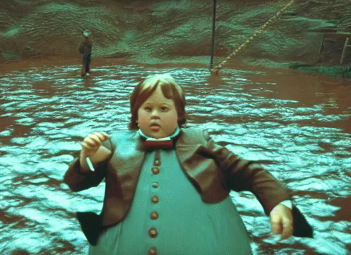 Image similar to grainy security cam footage still of Augustus Gloop in the chocolate river, movie still from Willy Wonka and his Chocolate Factory, extreme wide angle