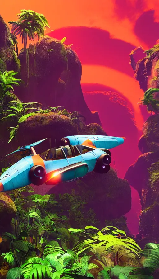 Image similar to a sci fi rusty flying car floating in a prehistoric jungle cave, lush flora, waterfall, magenta flowers, orange sky, teal clouds, sunset, hazy, volumetric lighting, rtx on, photorealistic render, unreal engine 5